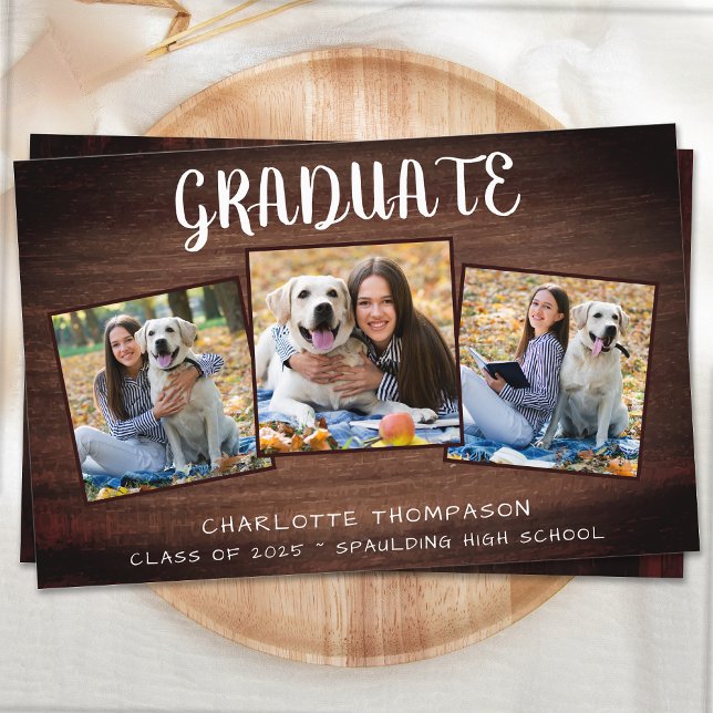 Budget Rustic Wood 3 Photo Graduation Announcement (Creator Uploaded)