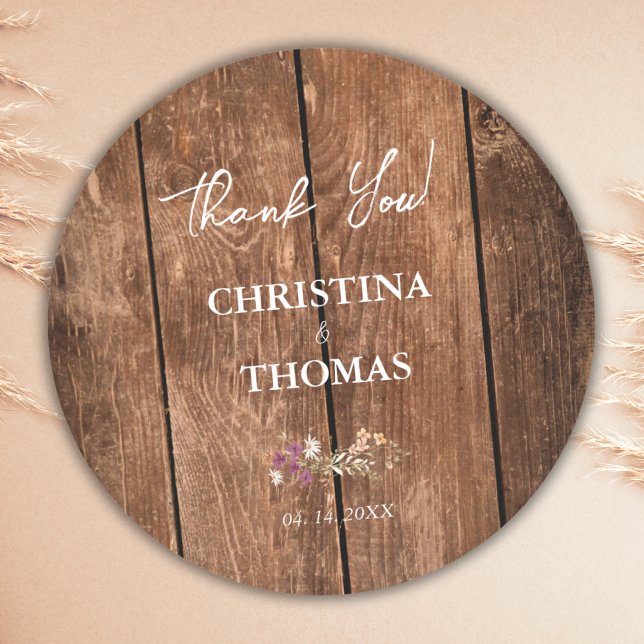Budget Rustic Wood and Wildflower Country Wedding Classic Round Sticker (Creator Uploaded)