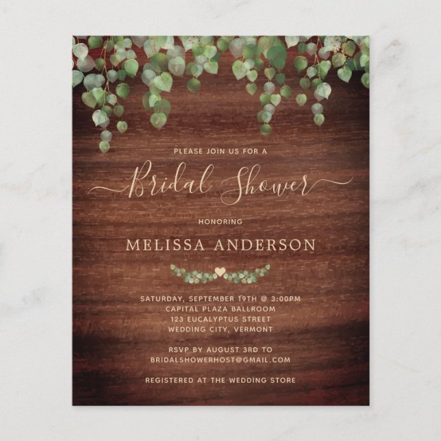Budget Rustic Wood Greenery Bridal Invitation (Front)