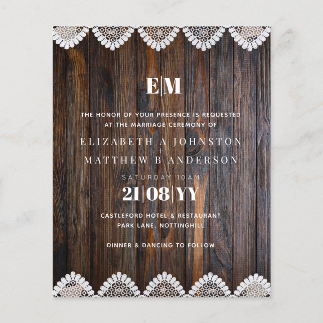BUDGET Rustic Wood Lace Wedding Invitation (Front)