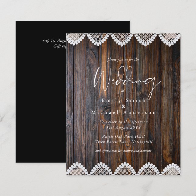 Budget Rustic Wood Lace Wedding Invitations (Front/Back)