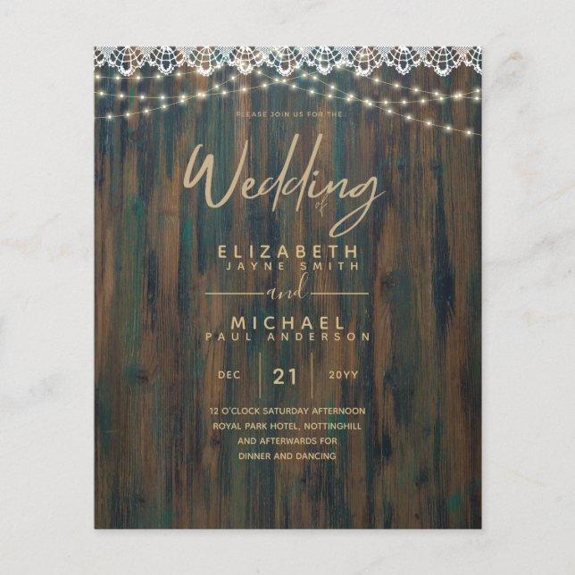 BUDGET RUSTIC WOOD LIGHTS LACE Wedding Invite Flye Flyer (Front)