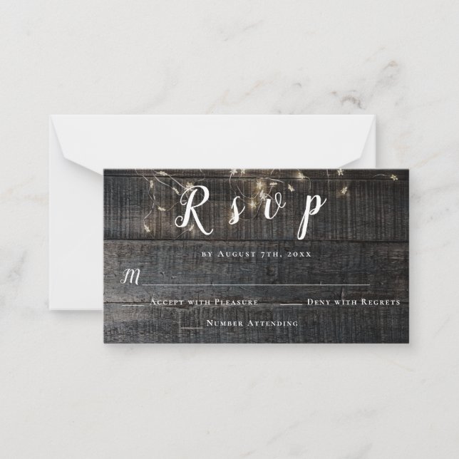 Budget Rustic Wood Lights Wedding RSVP Cards (Front)
