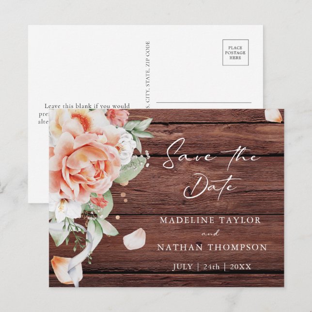 Budget Rustic Wood & Peach Floral Save the Date Announcement Postcard (Front/Back)