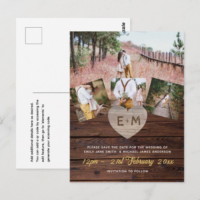 Budget Rustic Wood Photo Collage Engraved Hearts  Postcard (Front/Back)