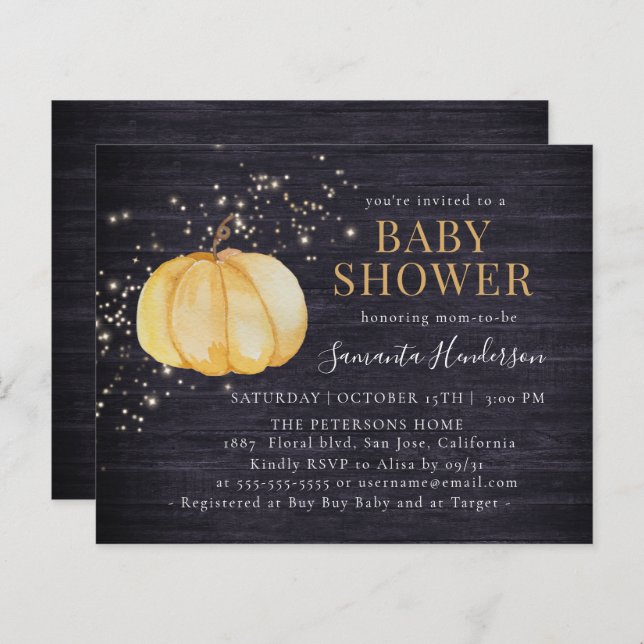 Budget Rustic Wood Pumpkin Glittering Baby Shower (Front/Back)