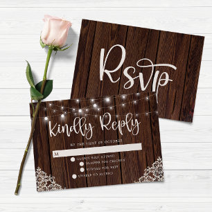 BUDGET Rustic Wood String Lights Lace Wedding RSVP Card