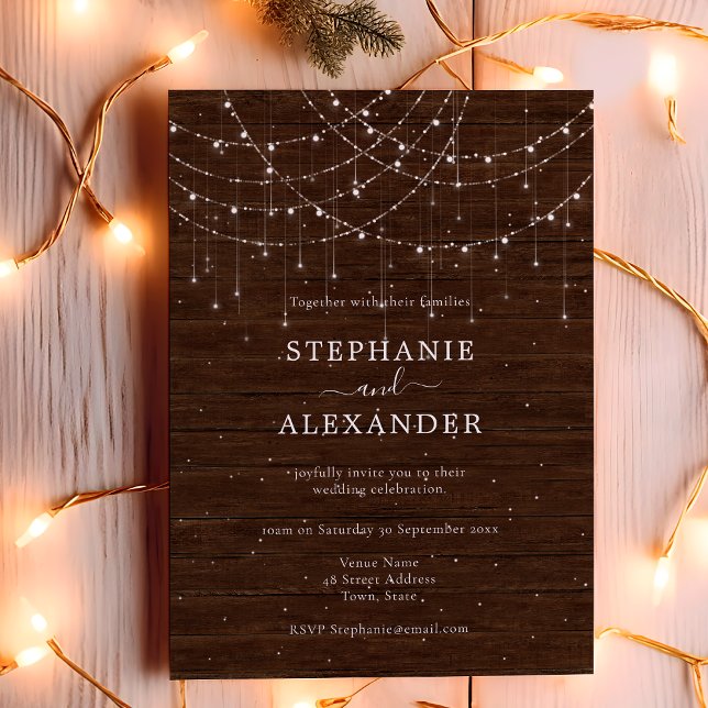 Budget Rustic Wood String Lights Wedding Invite (Creator Uploaded)