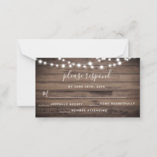 Budget Rustic Wood String Lights Wedding RSVP Card