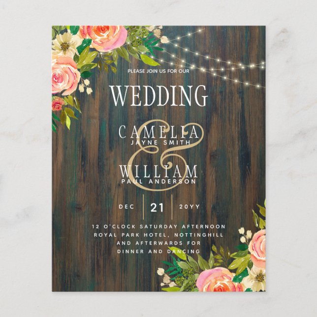 BUDGET RUSTIC WOOD Summer Flowers Wedding Invite F Flyer (Front)
