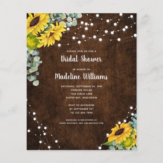 BUDGET Rustic Wood Sunflowers Bridal Shower Invite (Front)