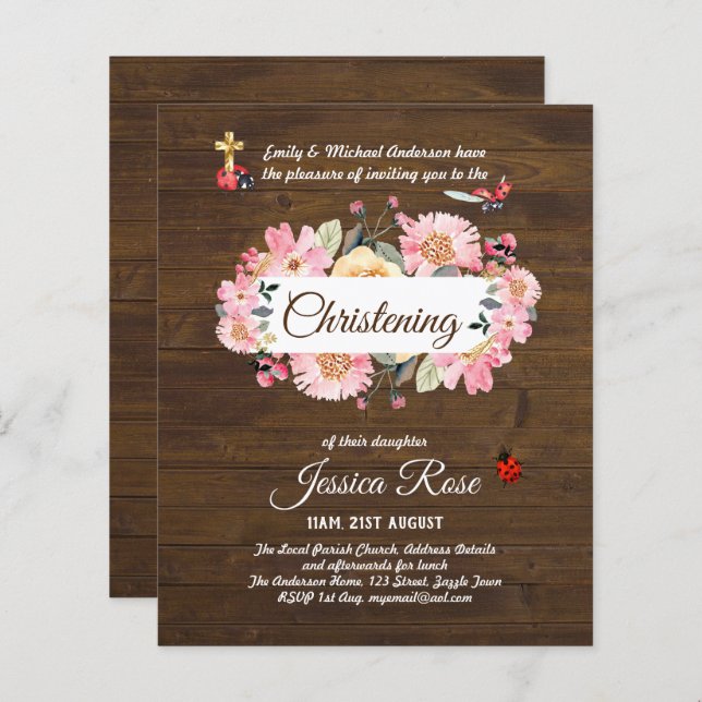 BUDGET Rustic Woodland Christening Invite Baptism  (Front/Back)