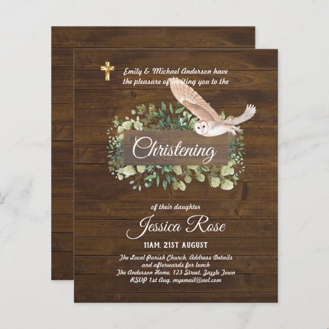 BUDGET Rustic Woodland Christening Invite Baptism  (Front/Back)