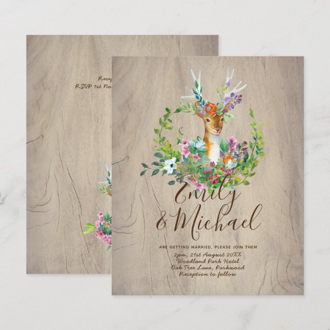 Budget Rustic Woodland Deer Floral Wedding Invites (Front/Back)