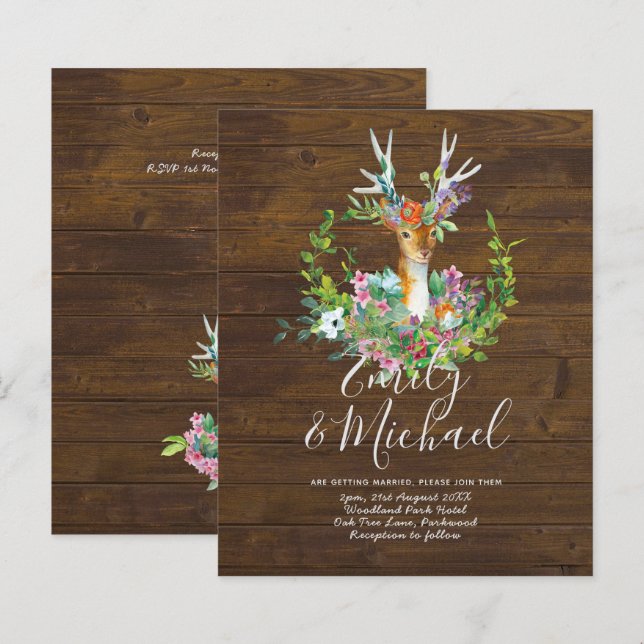 Budget Rustic Woodland Deer Floral Wedding Invites (Front/Back)