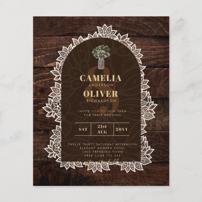 BUDGET Rustic Woodland Wedding Wood Lace INVITE Flyer (Front)