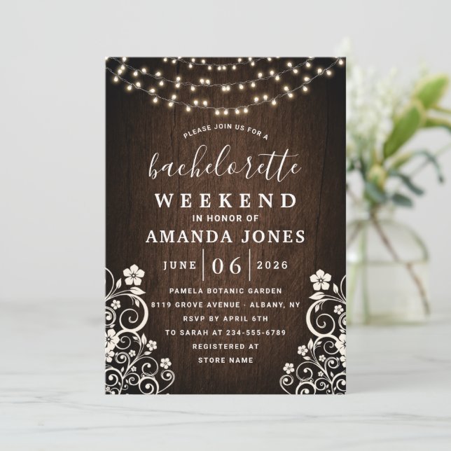Budget Rustic Woodsy Light Lace Bachelorette Party Invitation (Standing Front)