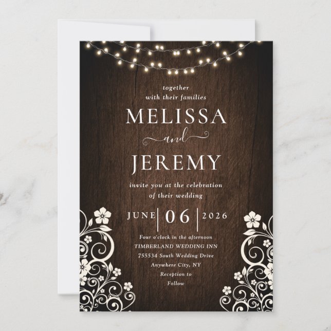Budget Rustic Woodsy Lights Lace Wood Wedding Invitation (Front)