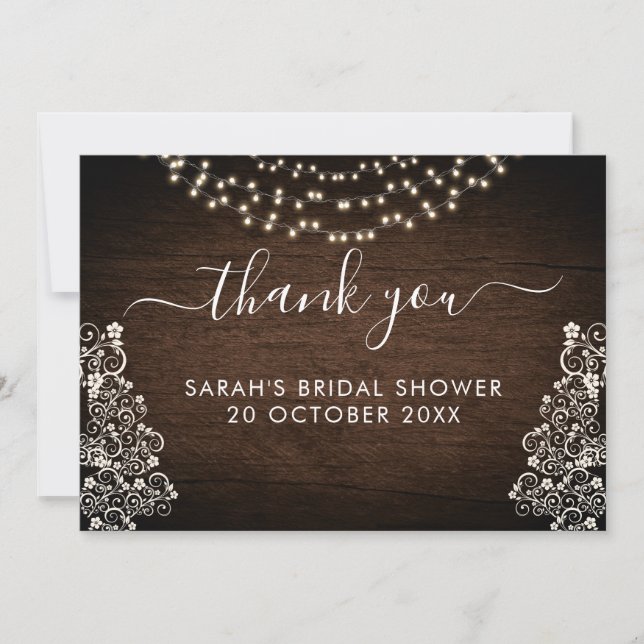 Budget Rustic Woodsy Lights Lace Wood Wedding Thank You Card (Front)