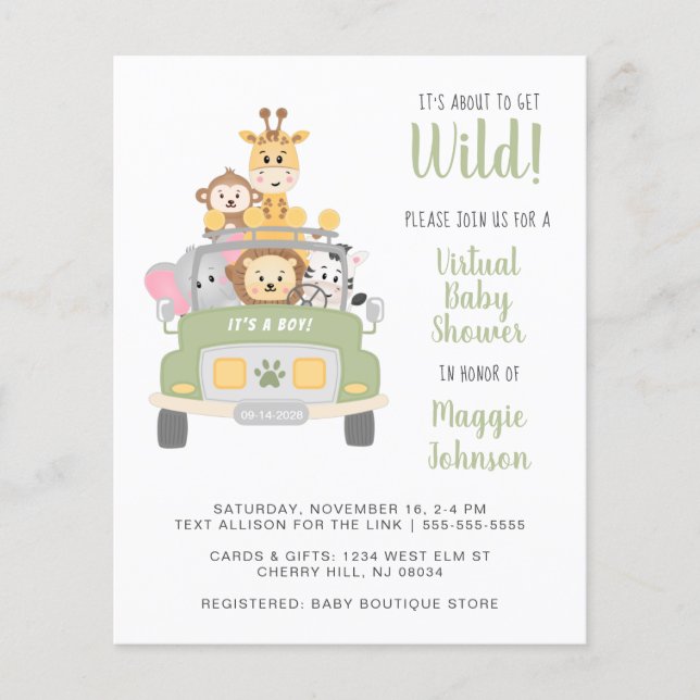 Budget Safari Baby Boy Virtual Shower Invitation (Front)