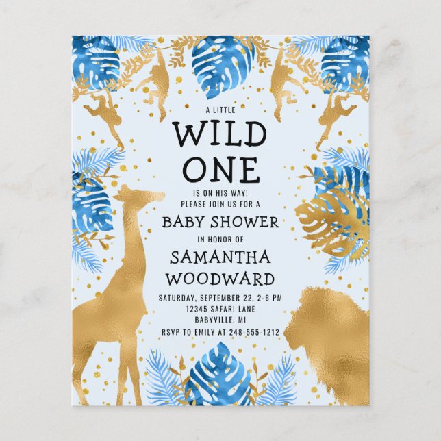 Budget Safari Blue Gold Boy Baby Shower Invitation (Front)