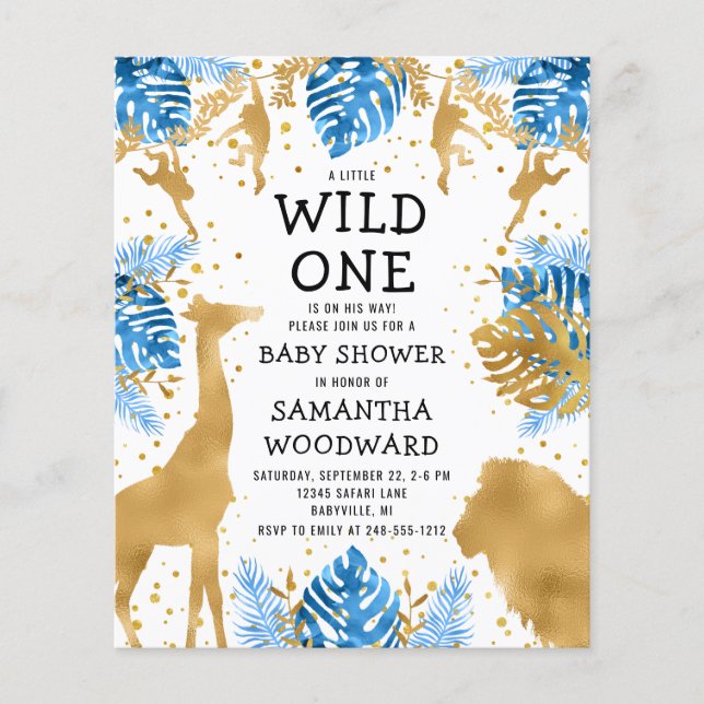Budget Safari Boy Baby Shower Blue Gold Invitation (Front)