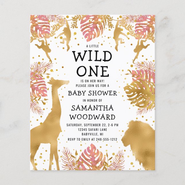 Budget Safari Girl Baby Shower Pink Gold Invite (Front)