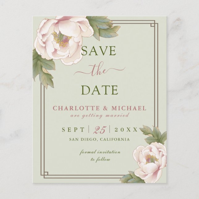 BUDGET Sage and Blush Floral Wedding Save the Date Flyer (Front)