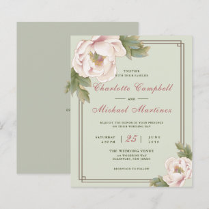 Budget Sage & Blush Peony Floral Wedding Invite
