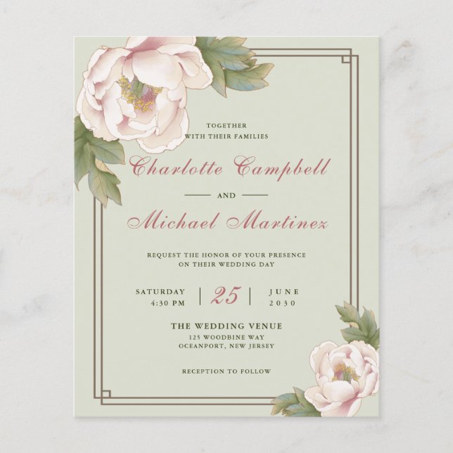 Budget Sage & Blush Peony Floral Wedding Invite Flyer (Front)