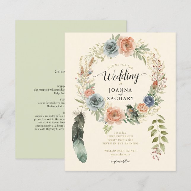 Budget Sage Boho Watercolor Floral Wedding Invite (Front/Back)
