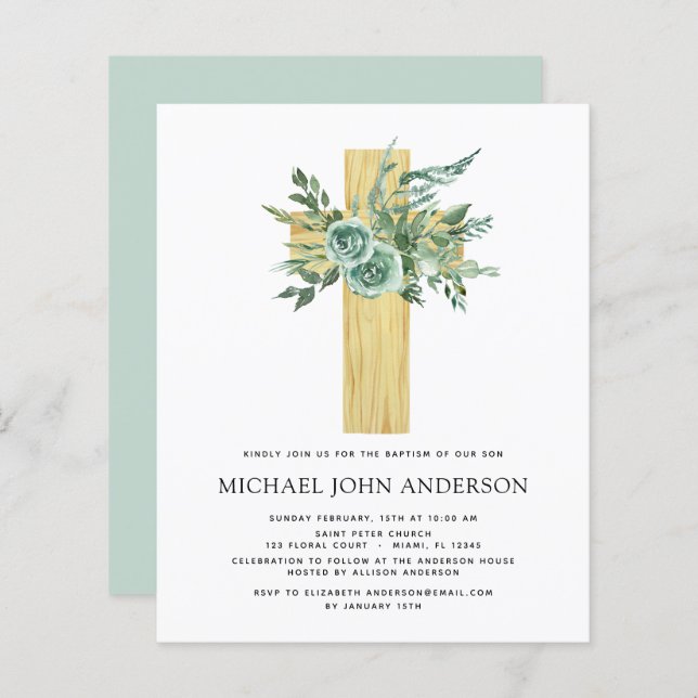 Budget Sage Eucalyptus Baptism Greenery Invitation (Front/Back)