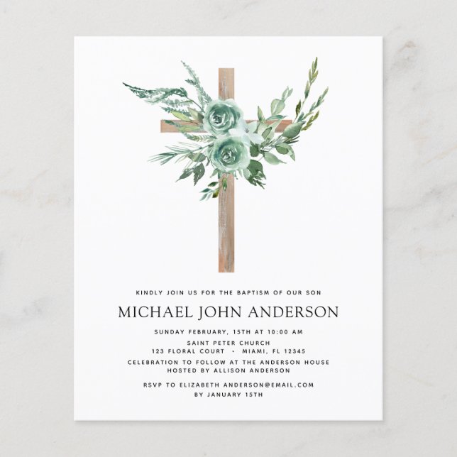 Budget Sage Eucalyptus Baptism Greenery Invitation Flyer (Front)