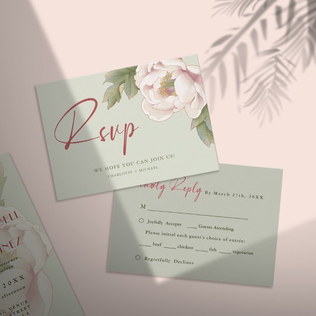 BUDGET Sage Green & Blush Peony Wedding RSVP Card (Creator Uploaded)
