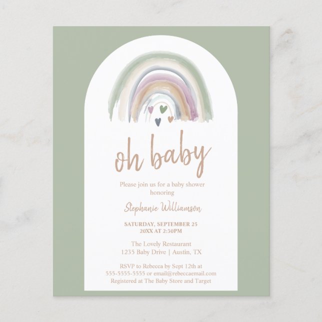 Budget Sage Green Boho Arch Baby Shower Invitation (Front)