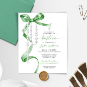 Budget Sage Green Bow & Rosary Baptism Invitation