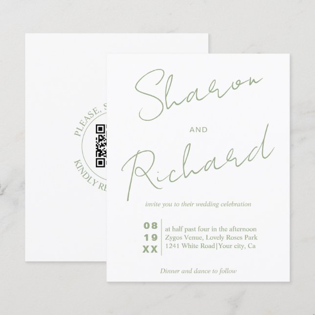BUDGET Sage green calligraphy QR code wedding (Front/Back)