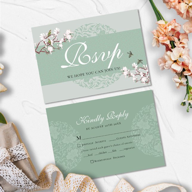 BUDGET Sage Green Chinoiserie Chic Wedding RSVP Card (Creator Uploaded)