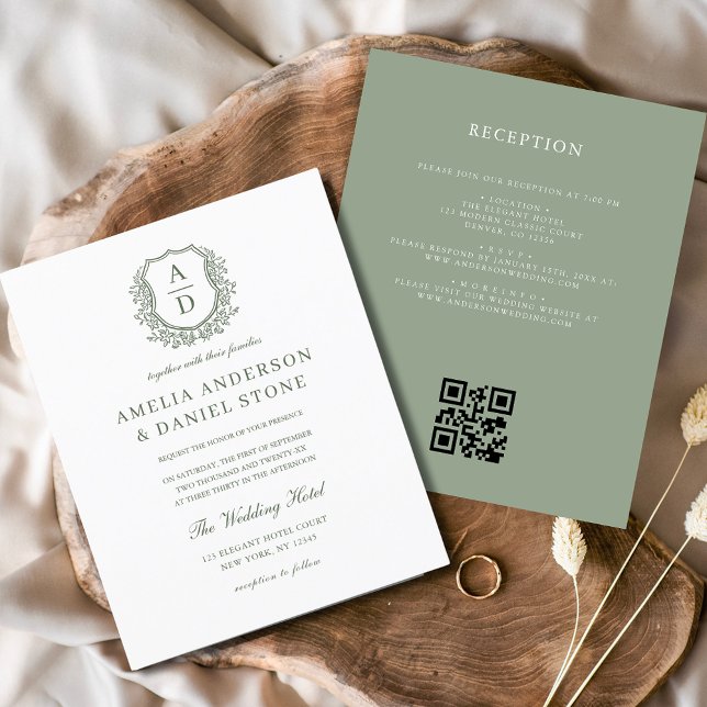 Budget Sage Green Crest Monogram Wedding QR Code (Creator Uploaded)