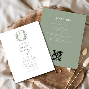 Budget Sage Green Crest Monogram Wedding QR Code Flyer
