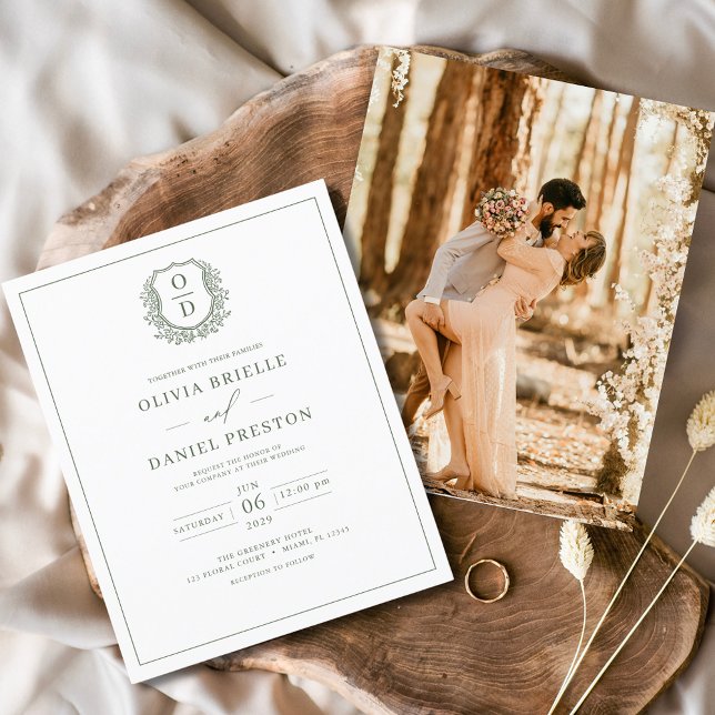 Budget Sage Green Crest Photo Wedding Invitation (Creator Uploaded)