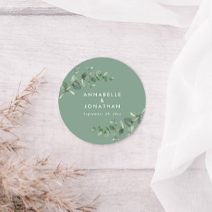 Budget sage green eucalyptus foliage wedding favor classic round sticker