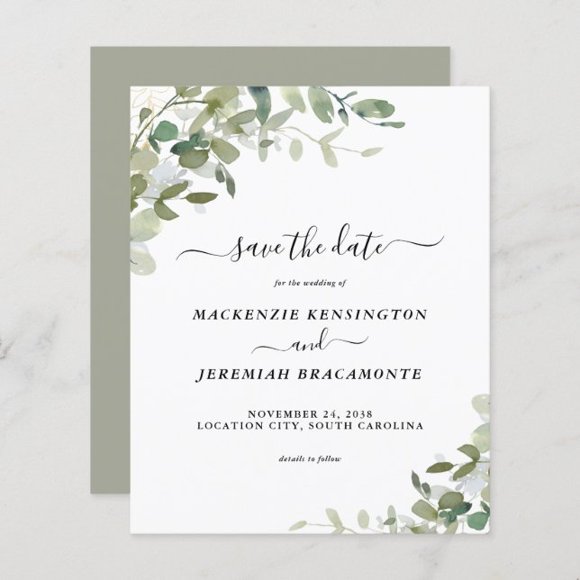 Budget Sage Green Eucalyptus Wedding Save the Date (Front/Back)