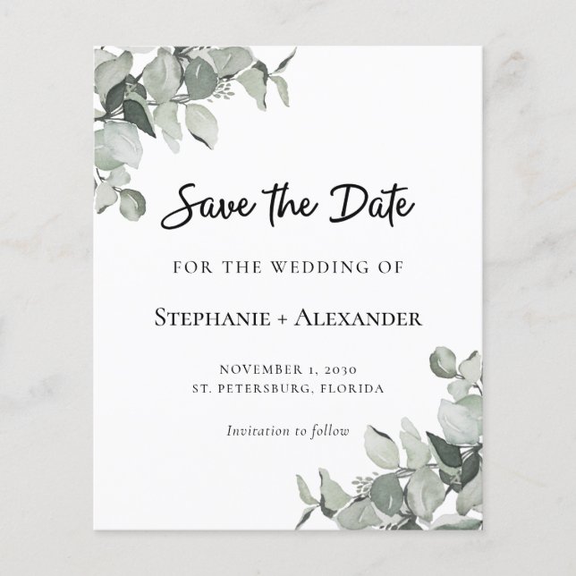 Budget Sage Green Eucalyptus Wedding Save the Date (Front)