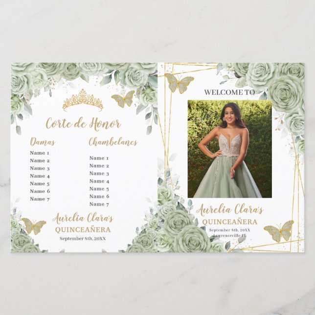 Budget Sage Green Floral Quinceanera Photo Program (Front)