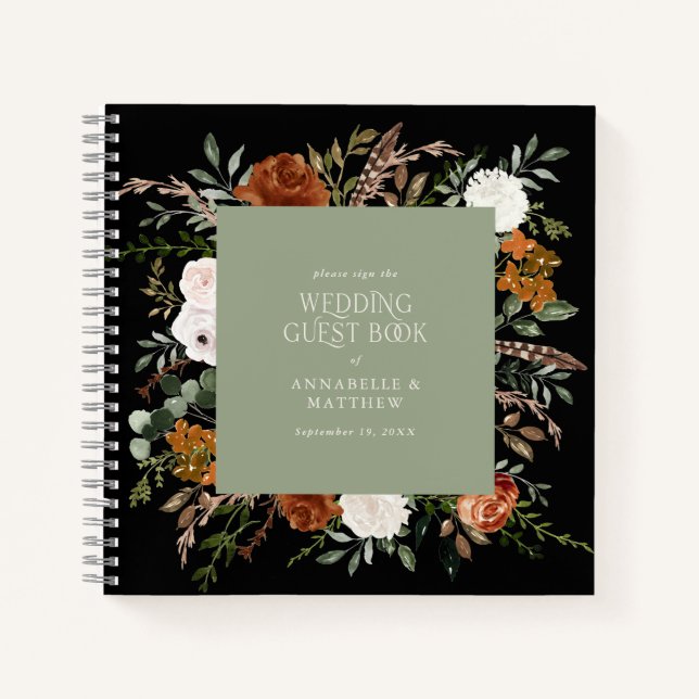 Budget sage green floral wedding guest book rustic (Front)