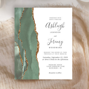 Budget Sage Green Gold Agate Wedding Invitation
