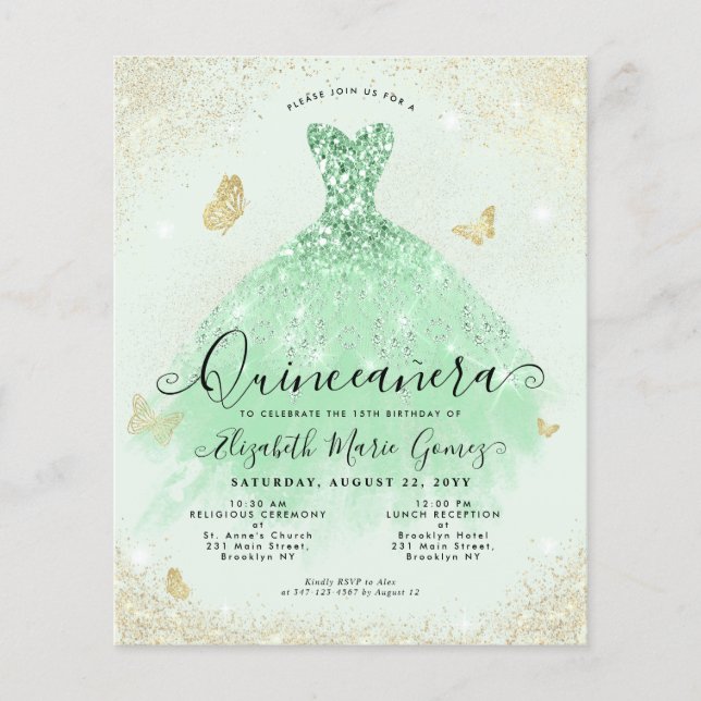 Budget Sage Green Gold Glitter Gown Quinceanera (Front)
