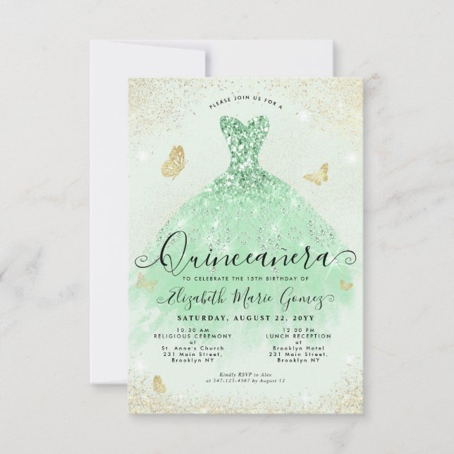 Budget Sage Green Gold Glitter Gown Quinceanera Card (Front)