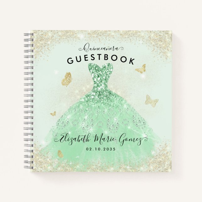 Budget Sage Green Gold Quinceanera Guestbook  Notebook (Front)
